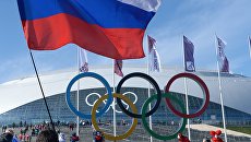 Болельщики с российским флагом в Олимпийском парке Сочи. Архивное фото Болельщики с российским флагом в Олимпийском парке Сочи. Архивное фото