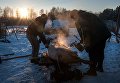 Обжигание туши свиньи газовой горелкой во дворе дома в селе Березовка Томской области Обжигание туши свиньи газовой горелкой во дворе дома в селе Березовка Томской области