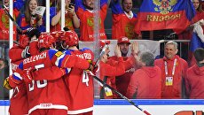 Игроки сборной России радуются забитой шайбе в матче чемпионата мира по хоккею 2017 против сборной Дании Игроки сборной России радуются забитой шайбе в матче чемпионата мира по хоккею 2017 против сборной Дании