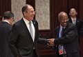 Министр иностранных дел РФ Сергей Лавров перед началом первого заседания круглого стола Международного форума Один пояс, один путь с участием президента РФ Владимира Путина, в конгресс-центре Яньциху. 15 мая 2017 Министр иностранных дел РФ Сергей Лавров перед началом первого заседания круглого стола Международного форума Один пояс, один путь с участием президента РФ Владимира Путина, в конгресс-центре Яньциху. 15 мая 2017