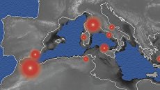 Карта Средиземного моря 6-5 миллионов лет назад и вызванные им вспышки вулканизма в Африке и Европе Карта Средиземного моря 6-5 миллионов лет назад и вызванные им вспышки вулканизма в Африке и Европе