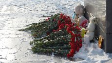 Цветы, свечи и детские игрушки фотографии самолета в центре Орска, принесенные в память о крушении Ан-148 Саратовских авиалиний. Архивное фото Цветы, свечи и детские игрушки фотографии самолета в центре Орска, принесенные в память о крушении Ан-148 Саратовских авиалиний. Архивное фото