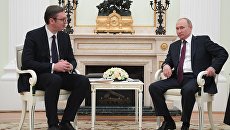 Президент РФ Владимир Путин и президент республики Сербии Александр Вучич во время встречи. 8 мая 2018 Президент РФ Владимир Путин и президент республики Сербии Александр Вучич во время встречи. 8 мая 2018