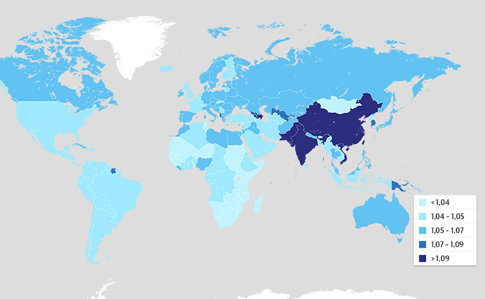 Соотношение полов новорожденных (мальчики — девочки) по странам. Данные Всемирного банка за 2016 год